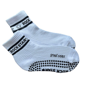 Greer white and black rock star crew grip sock for Pilates, barre and stretch class