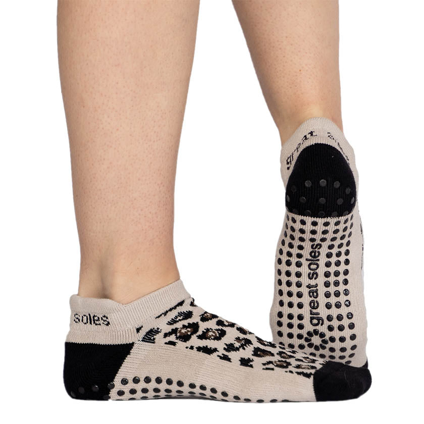 Keira Leopard Grip Sock - Tan/Black SM - Great Soles